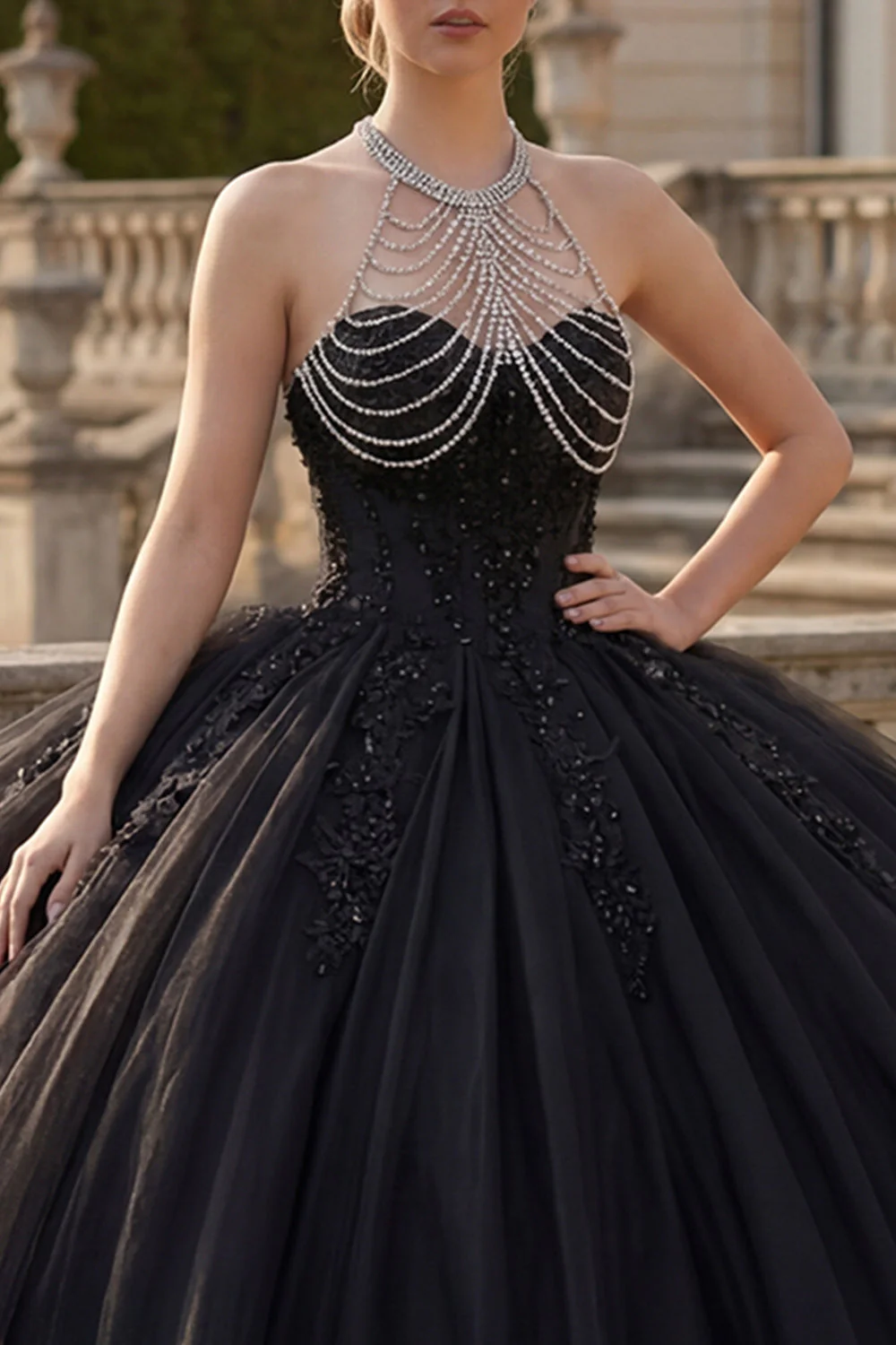 Black Halter Neck Ball Gown Glitter Princess Quinceanera Dress - Image 3