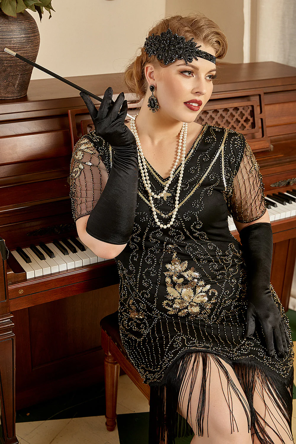 Black Headpiece Drop Earrings Five Pieces 1920s Accessories Set - Image 3