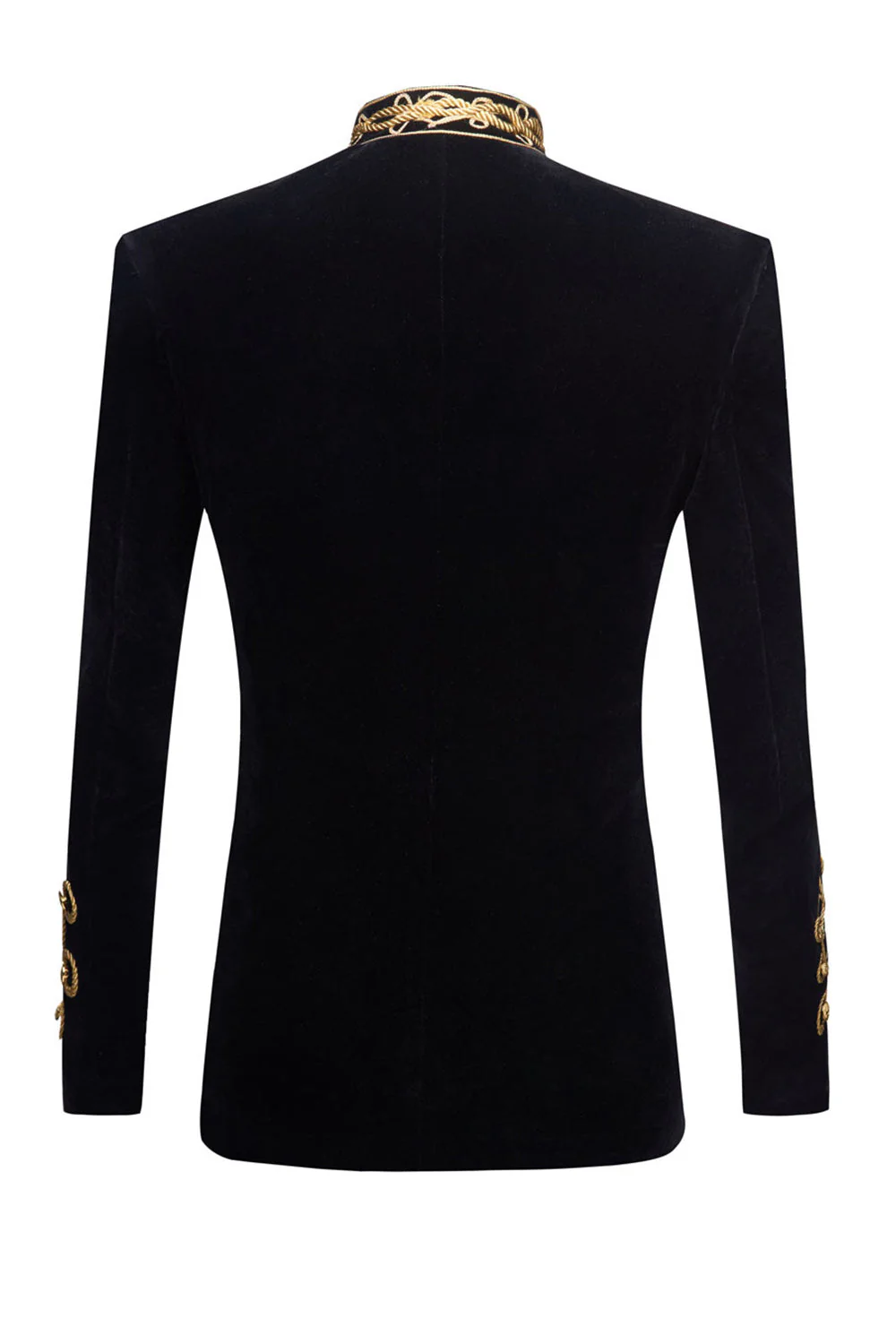 Black High Stand Collar Single Breasted Gold Cord Braided Military Jacket - Image 2