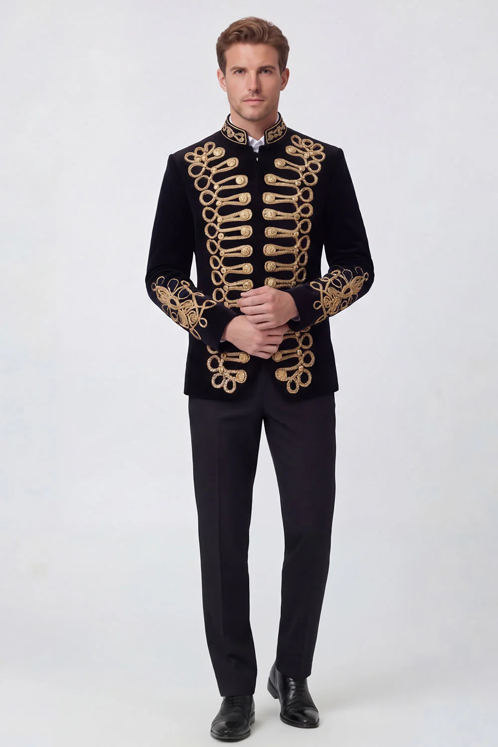 Black High Stand Collar Single Breasted Gold Cord Braided Military Jacket - Image 3