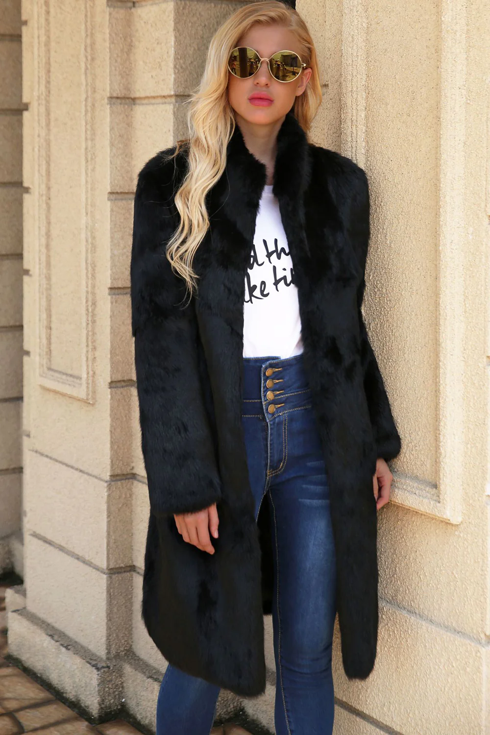 Black Long Faux Fur Shearling Coat with Belt - Image 2