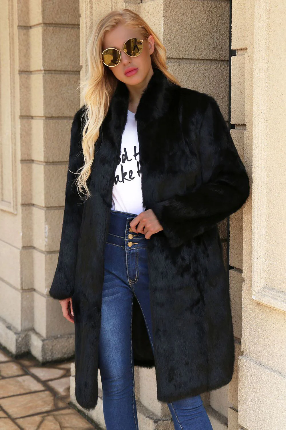 Black Long Faux Fur Shearling Coat with Belt - Image 3
