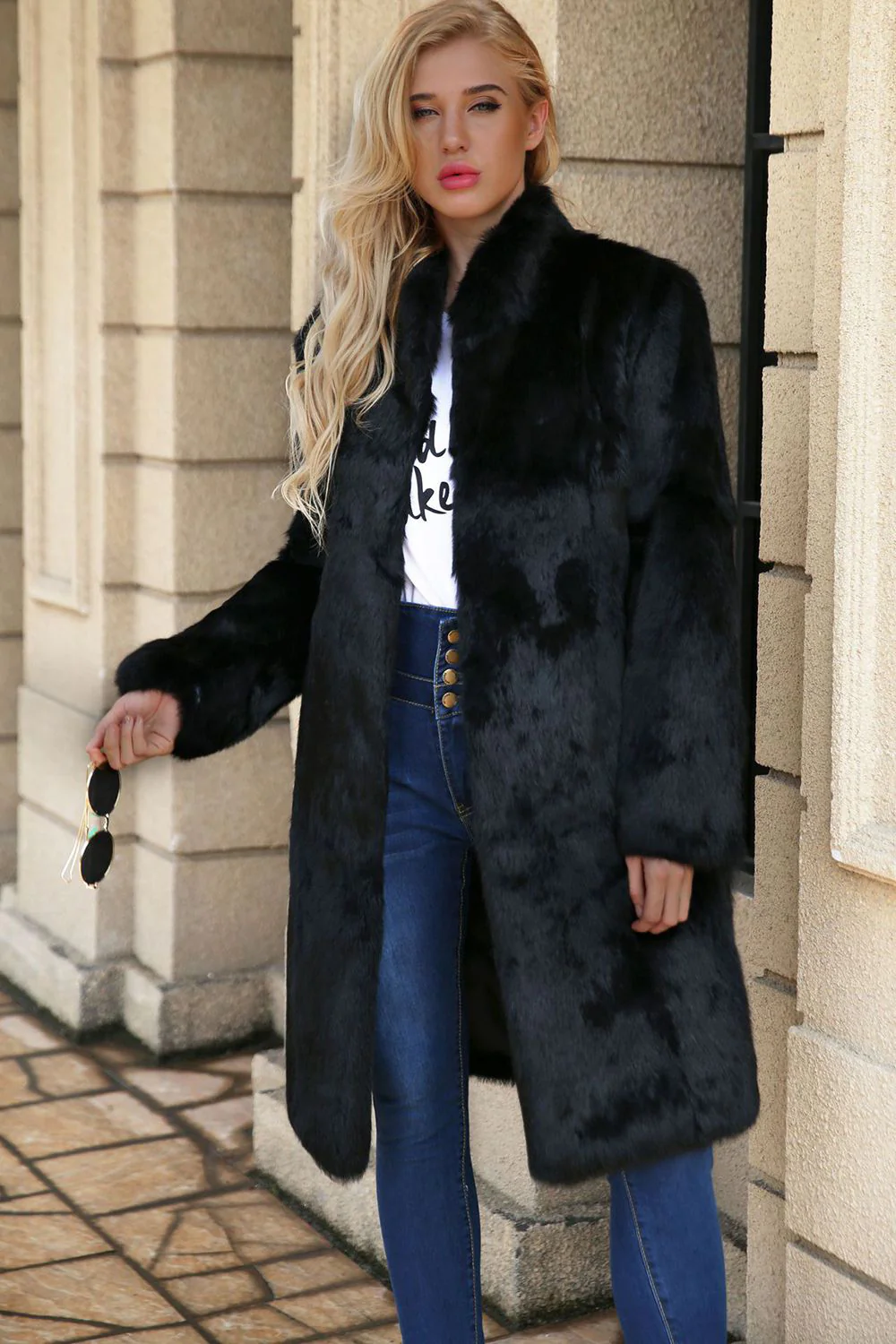 Black Long Faux Fur Shearling Coat with Belt - Image 4