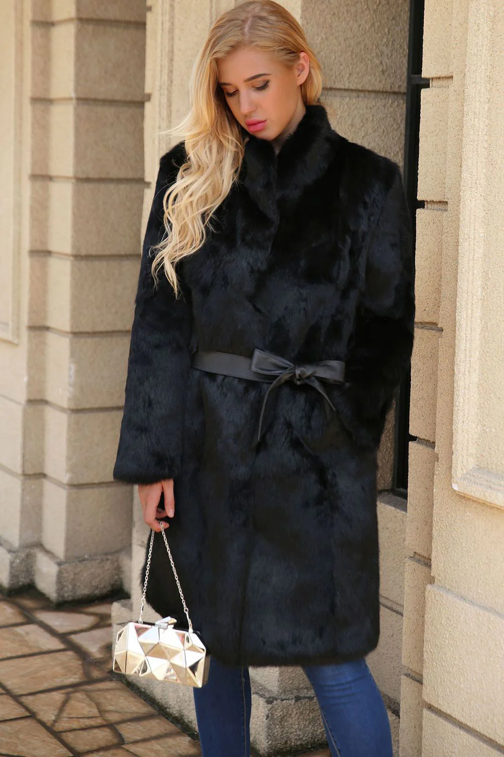 Black Long Faux Fur Shearling Coat with Belt - Image 5
