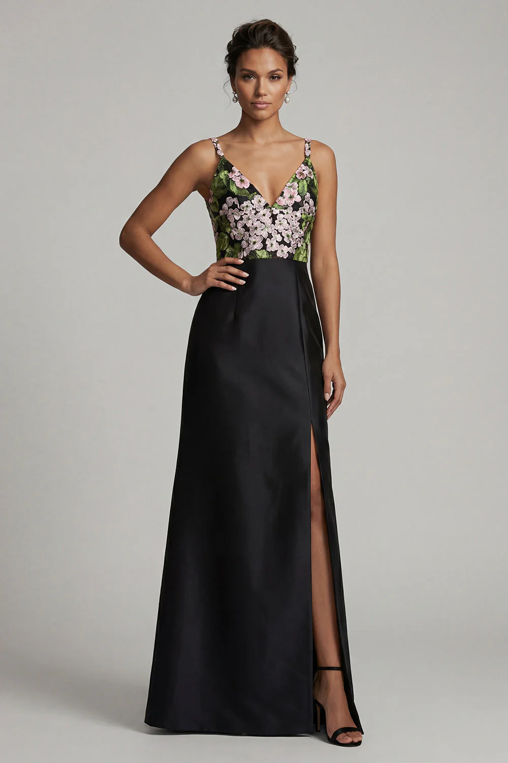 Black A Line V-Neck Long Floral Mother of the Bride Dress with Slit