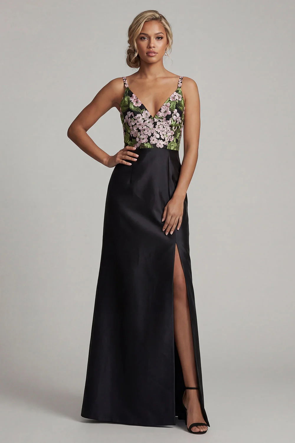 Black A Line V-Neck Long Floral Mother of the Bride Dress with Slit - Image 3