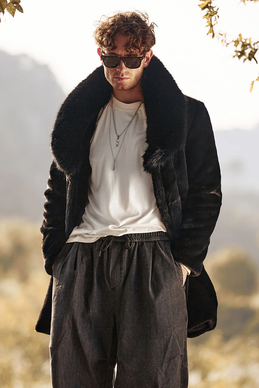 Black Luxury Faux Fur Winter Long Men's Coat with Long Sleeves - Image 6