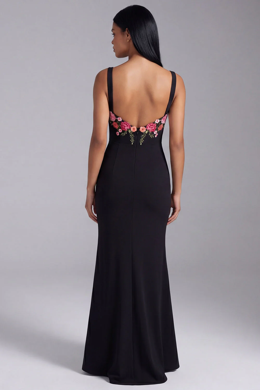 Black Mermaid Floral Square Neck Long Formal Dress - Image 2