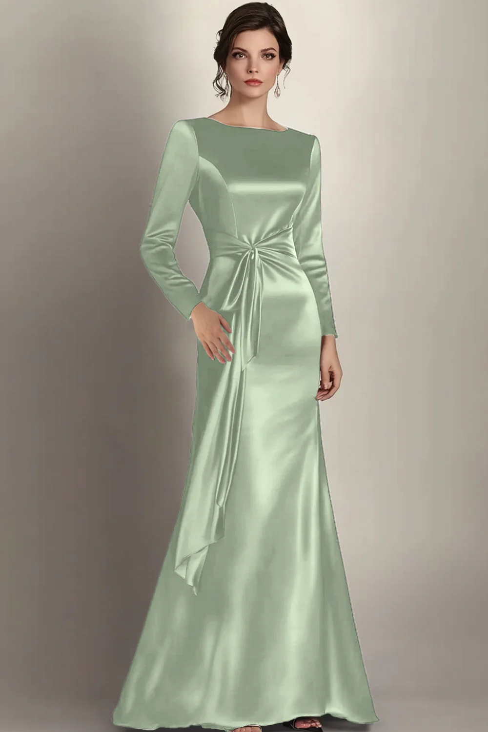 Black Mermaid Long Sleeves Satin Ruched Long Mother of the Bride Dress - Image 10