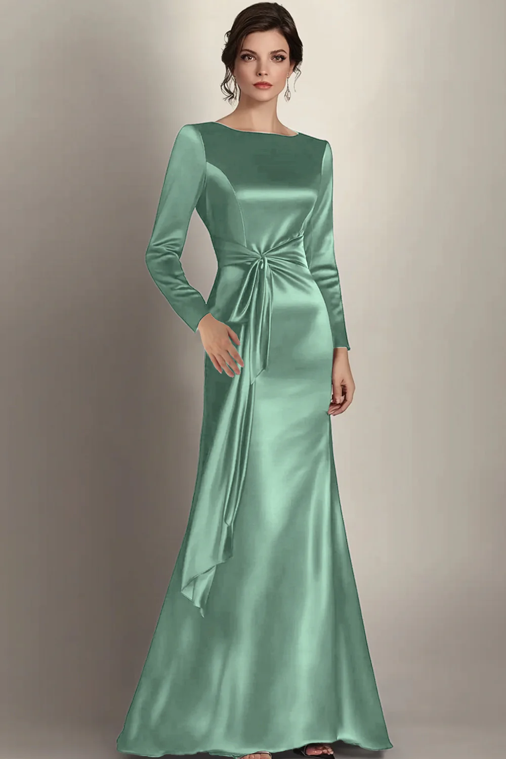 Black Mermaid Long Sleeves Satin Ruched Long Mother of the Bride Dress - Image 11