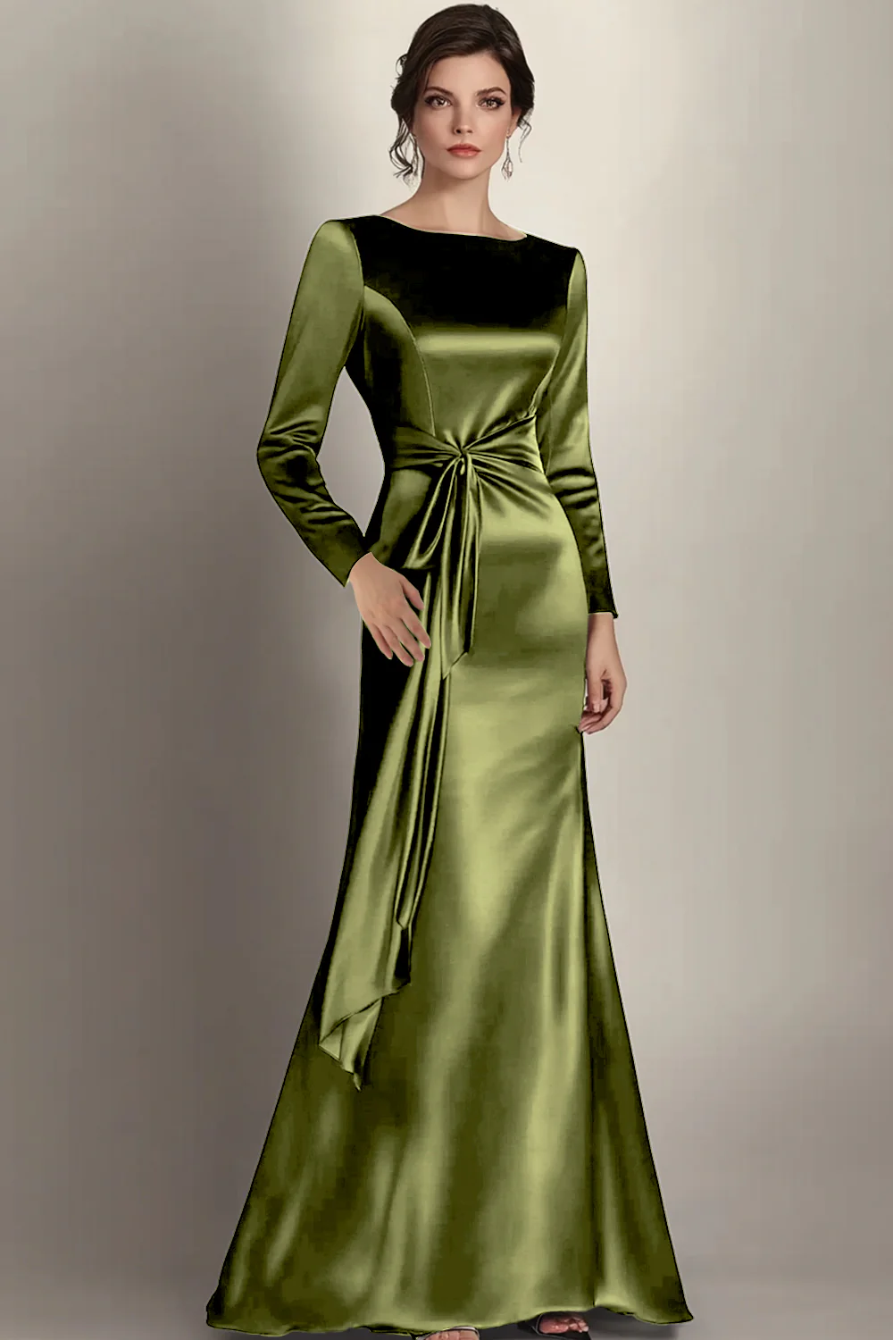 Black Mermaid Long Sleeves Satin Ruched Long Mother of the Bride Dress - Image 12