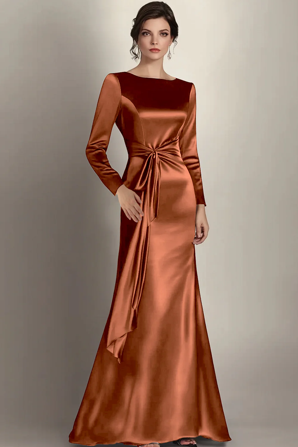 Black Mermaid Long Sleeves Satin Ruched Long Mother of the Bride Dress - Image 13