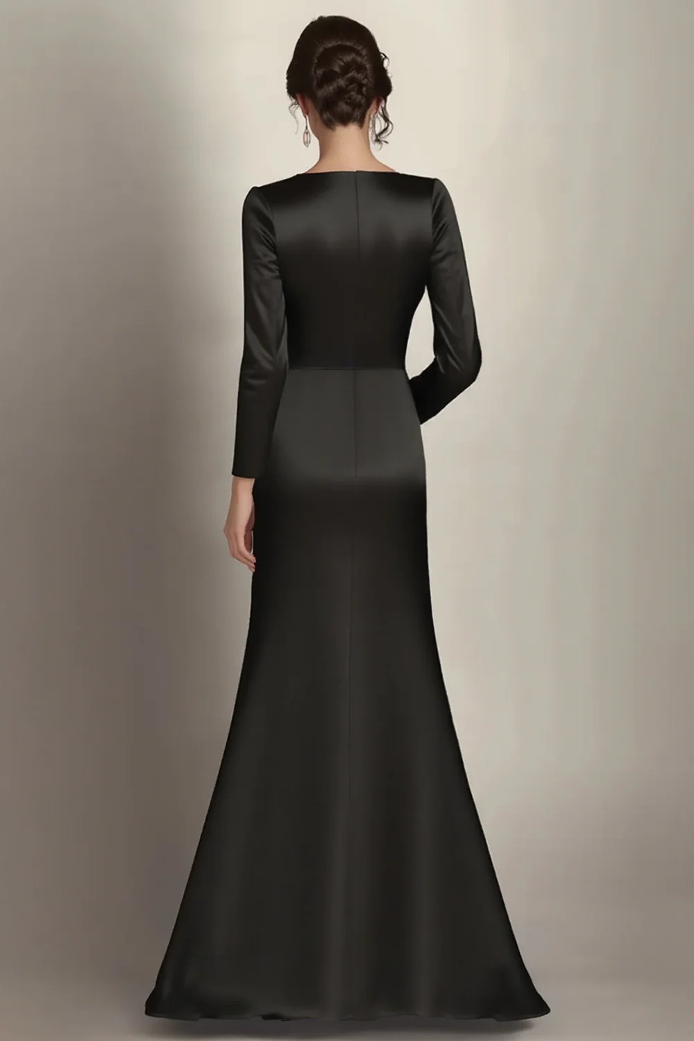 Black Mermaid Long Sleeves Satin Ruched Long Mother of the Bride Dress - Image 2