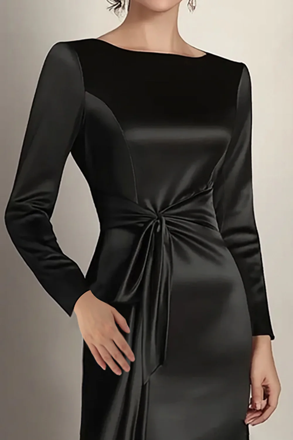 Black Mermaid Long Sleeves Satin Ruched Long Mother of the Bride Dress - Image 3