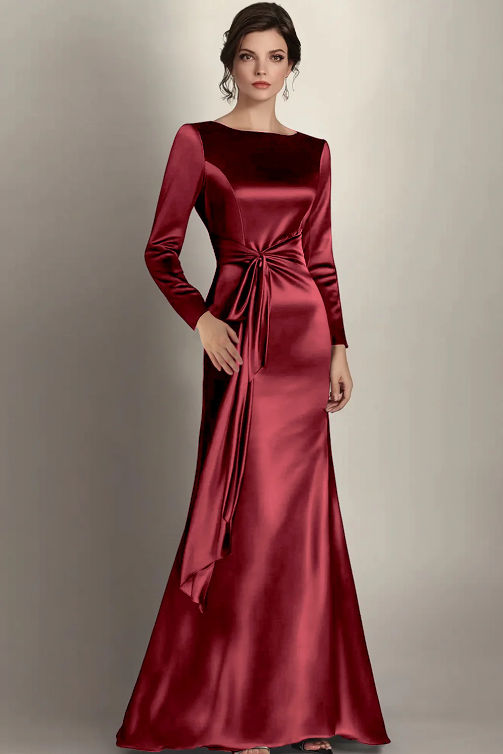 Black Mermaid Long Sleeves Satin Ruched Long Mother of the Bride Dress - Image 5