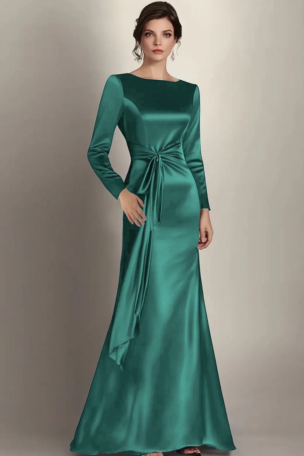Black Mermaid Long Sleeves Satin Ruched Long Mother of the Bride Dress - Image 6