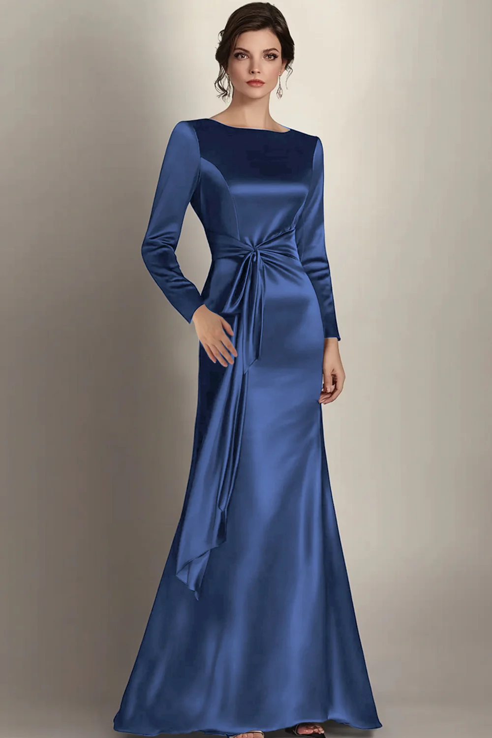 Black Mermaid Long Sleeves Satin Ruched Long Mother of the Bride Dress - Image 7