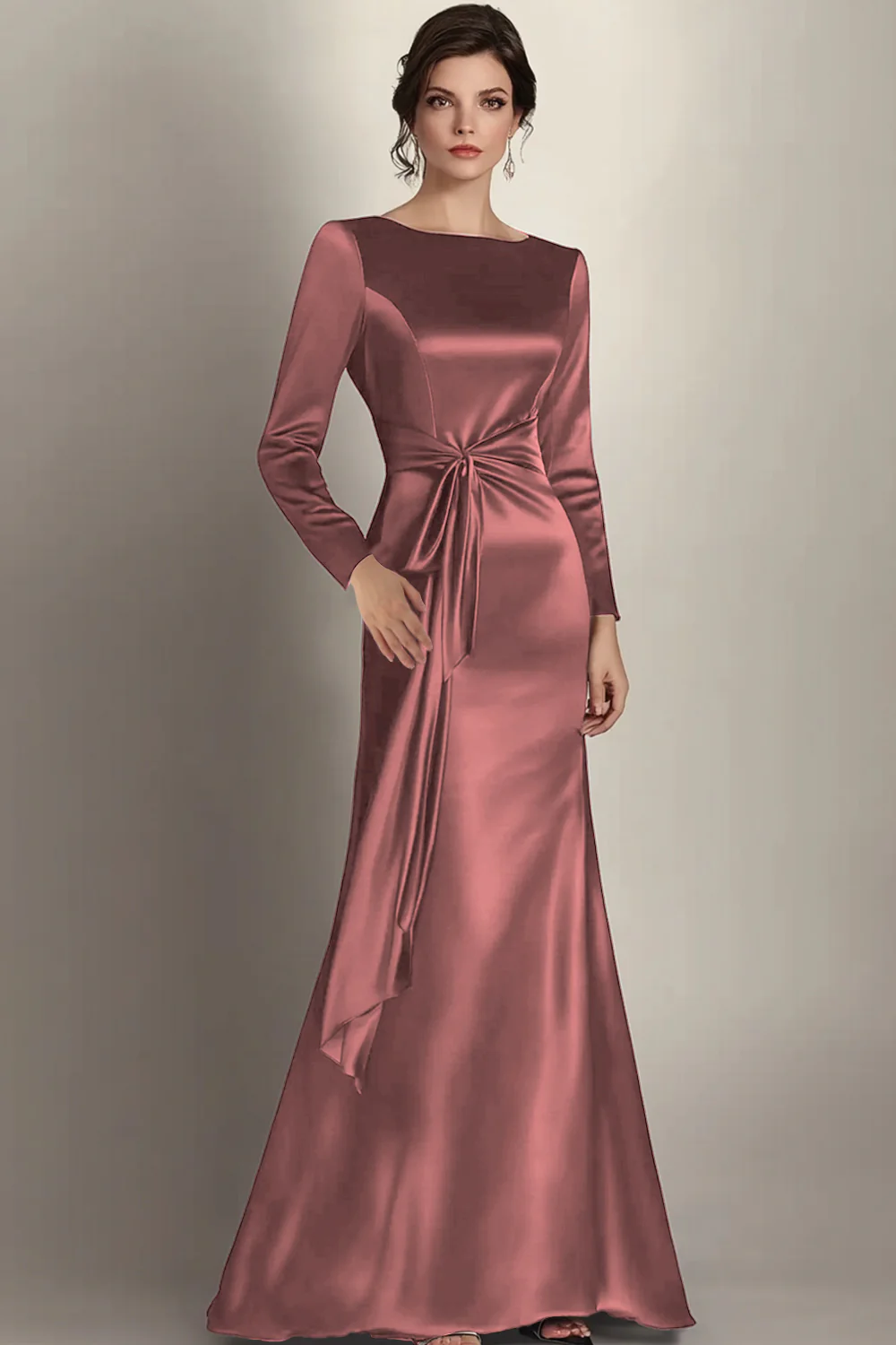 Black Mermaid Long Sleeves Satin Ruched Long Mother of the Bride Dress - Image 8