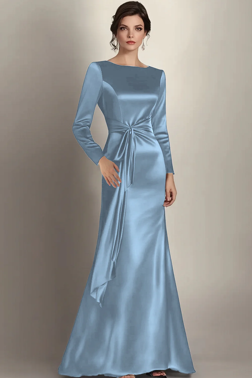 Black Mermaid Long Sleeves Satin Ruched Long Mother of the Bride Dress - Image 9