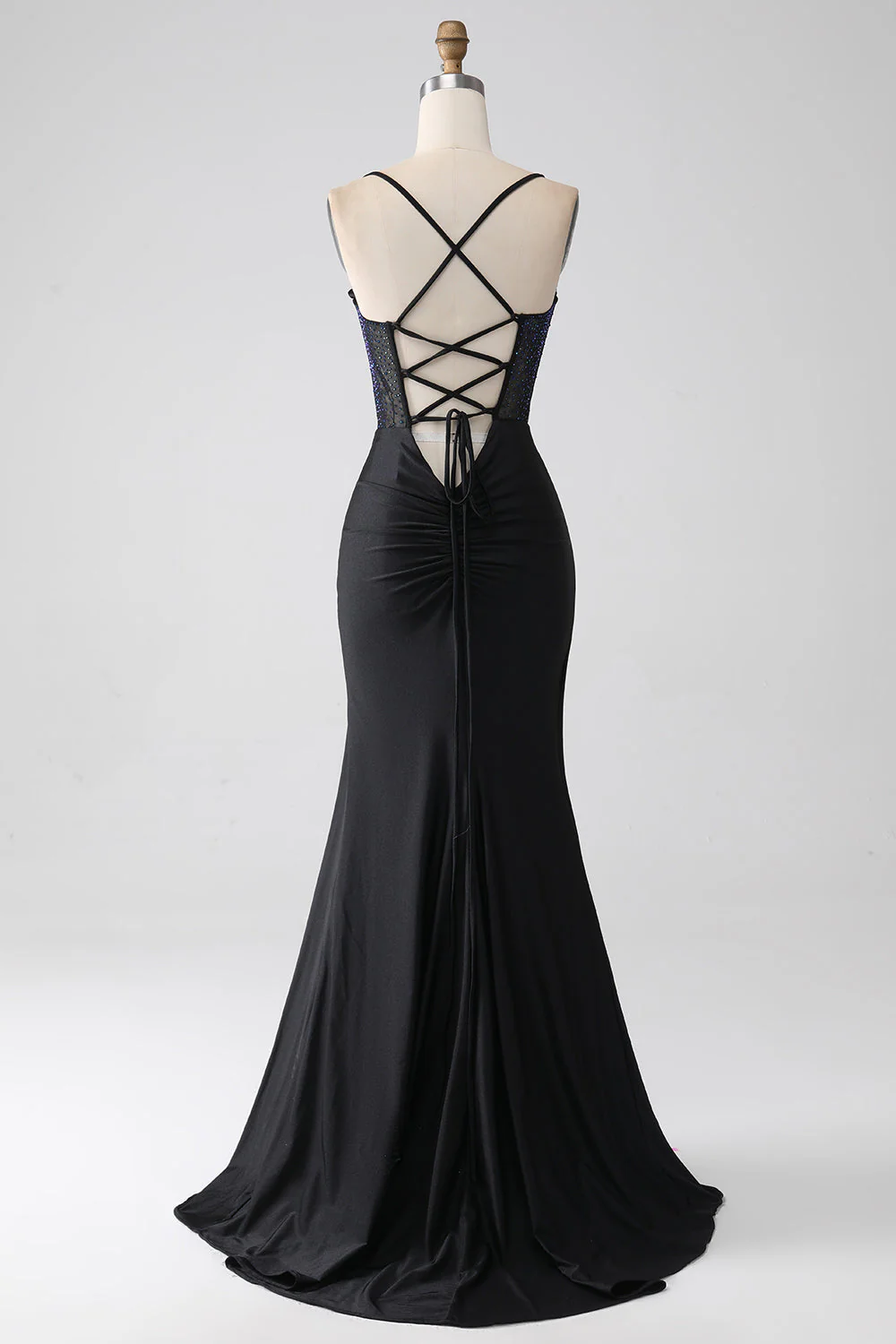 Black Mermaid Spaghetti Straps Long Corset Prom Dress With Beading - Image 2