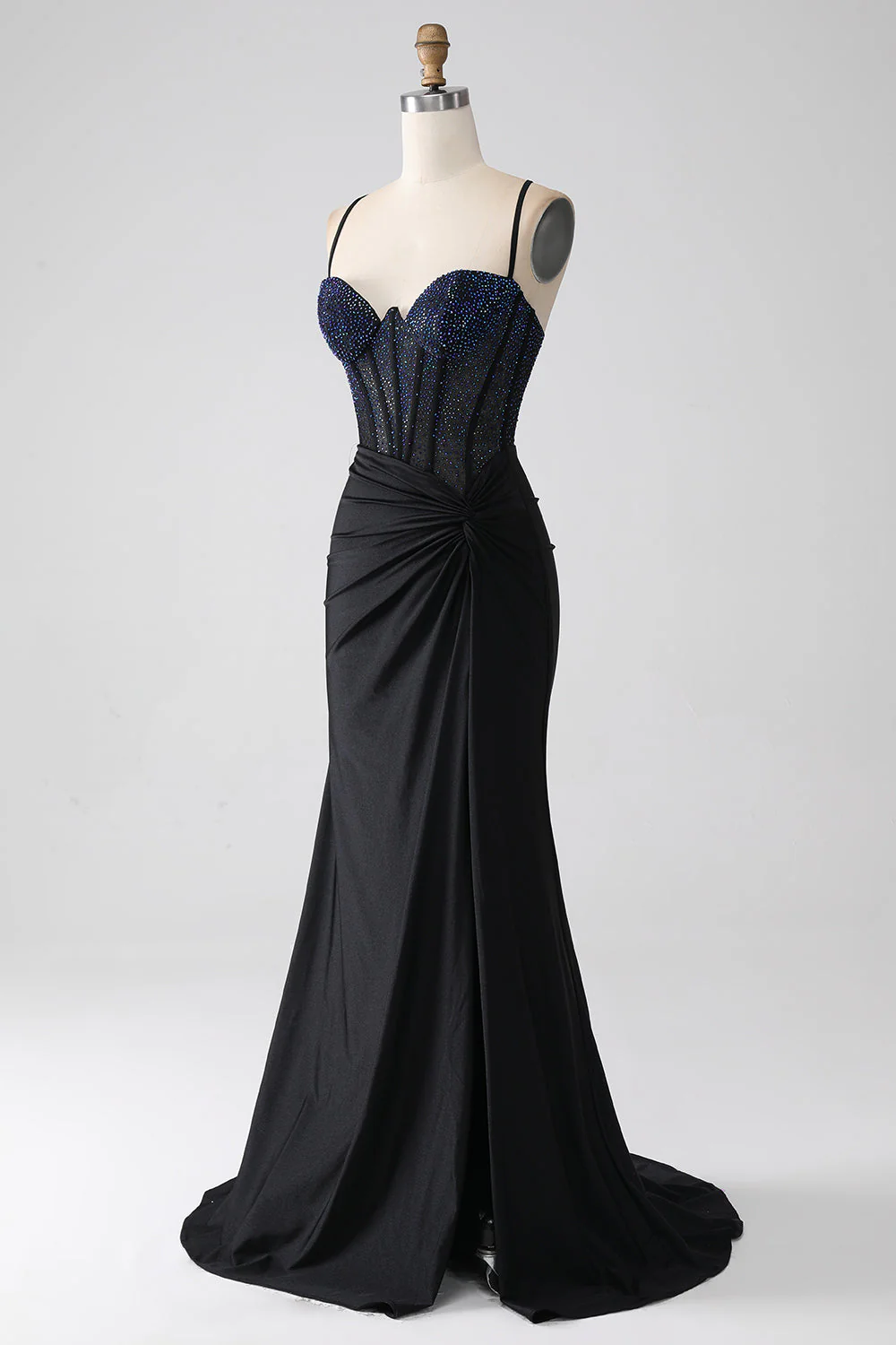 Black Mermaid Spaghetti Straps Long Corset Prom Dress With Beading - Image 3