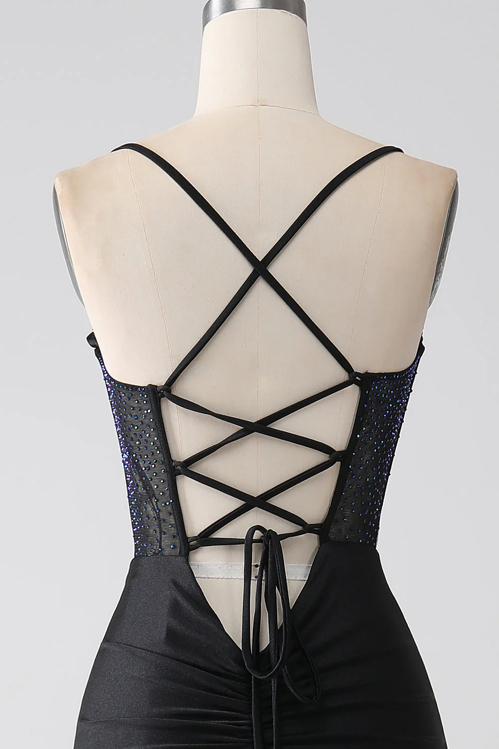 Black Mermaid Spaghetti Straps Long Corset Prom Dress With Beading - Image 5