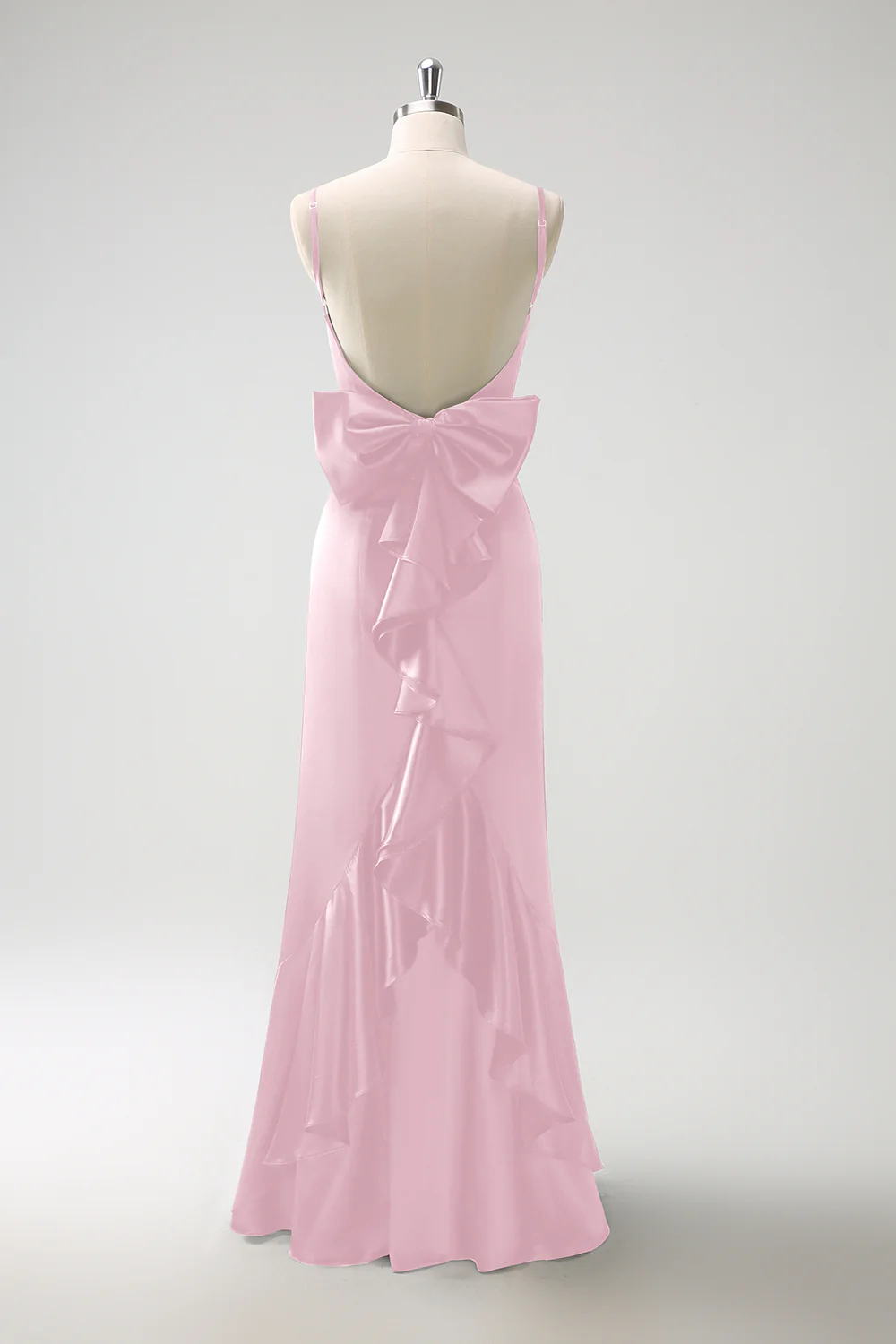 Black Mermaid Spaghetti Straps Ruffed Bow Back Satin Long Bridesmaid Dress - Image 10