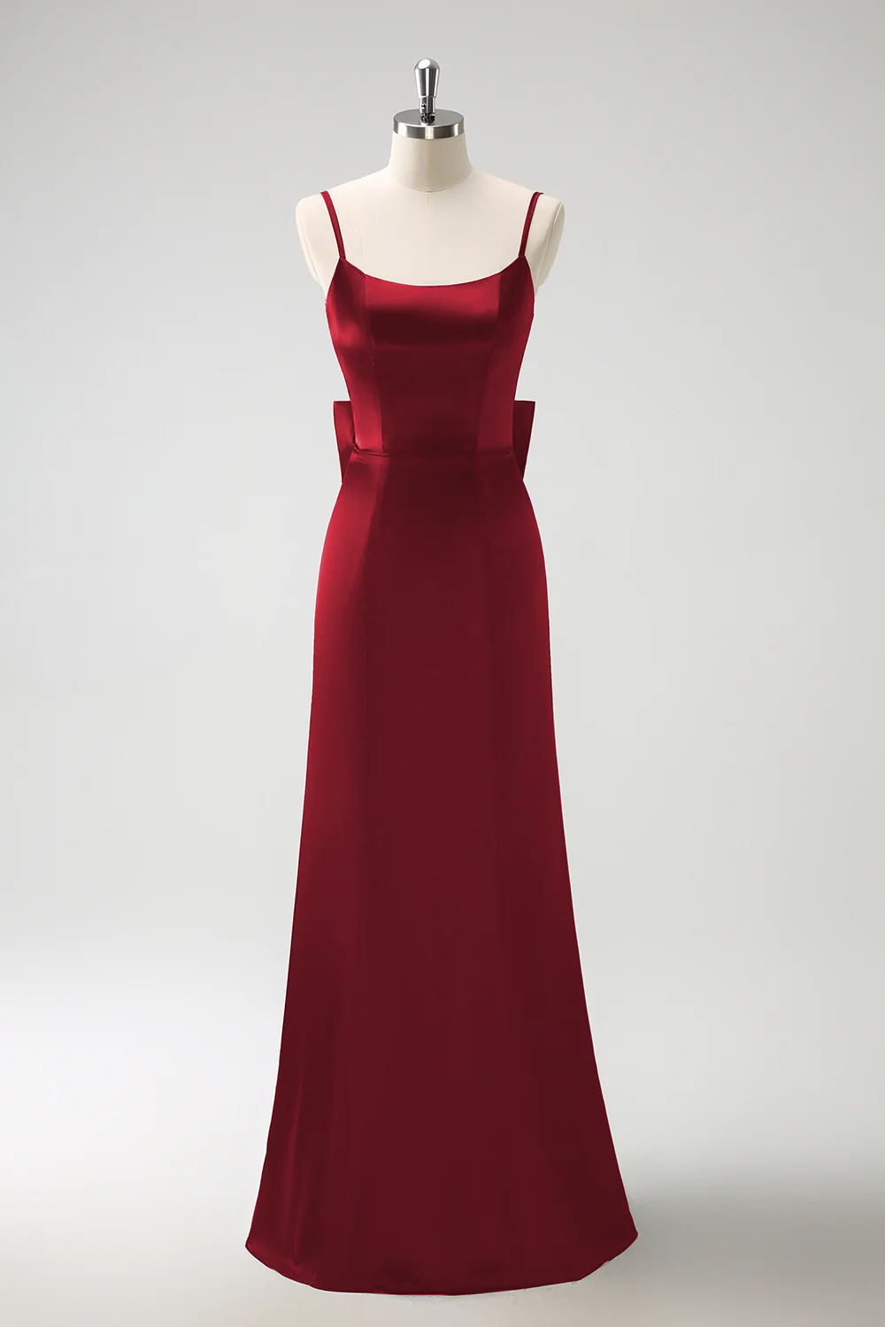 Black Mermaid Spaghetti Straps Ruffed Bow Back Satin Long Bridesmaid Dress - Image 11