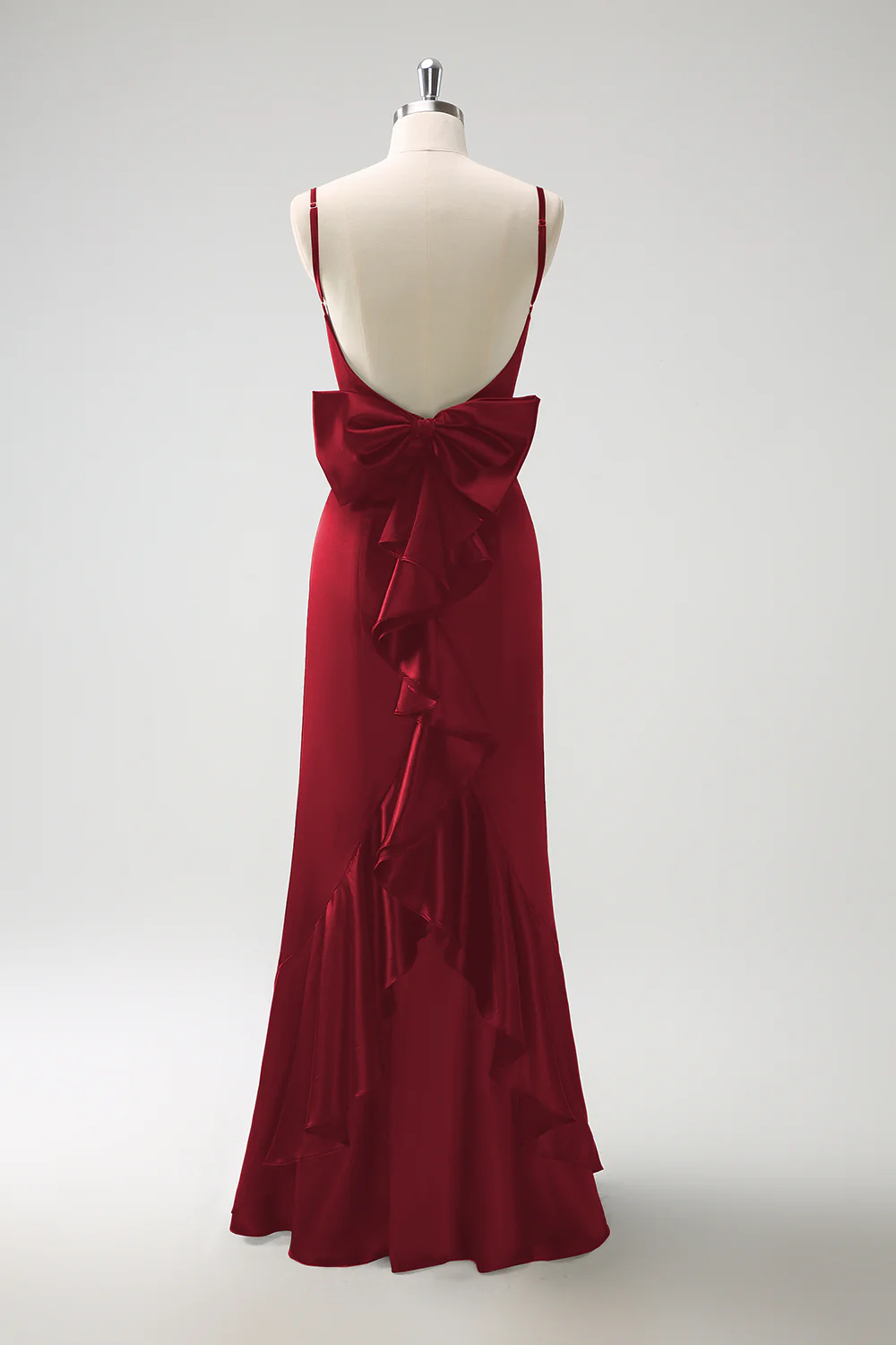Black Mermaid Spaghetti Straps Ruffed Bow Back Satin Long Bridesmaid Dress - Image 12
