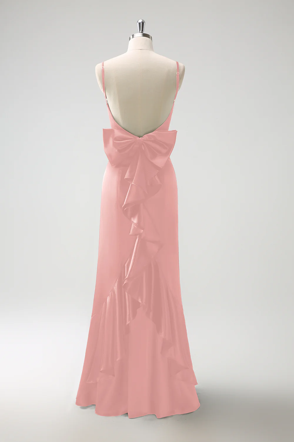 Black Mermaid Spaghetti Straps Ruffed Bow Back Satin Long Bridesmaid Dress - Image 16