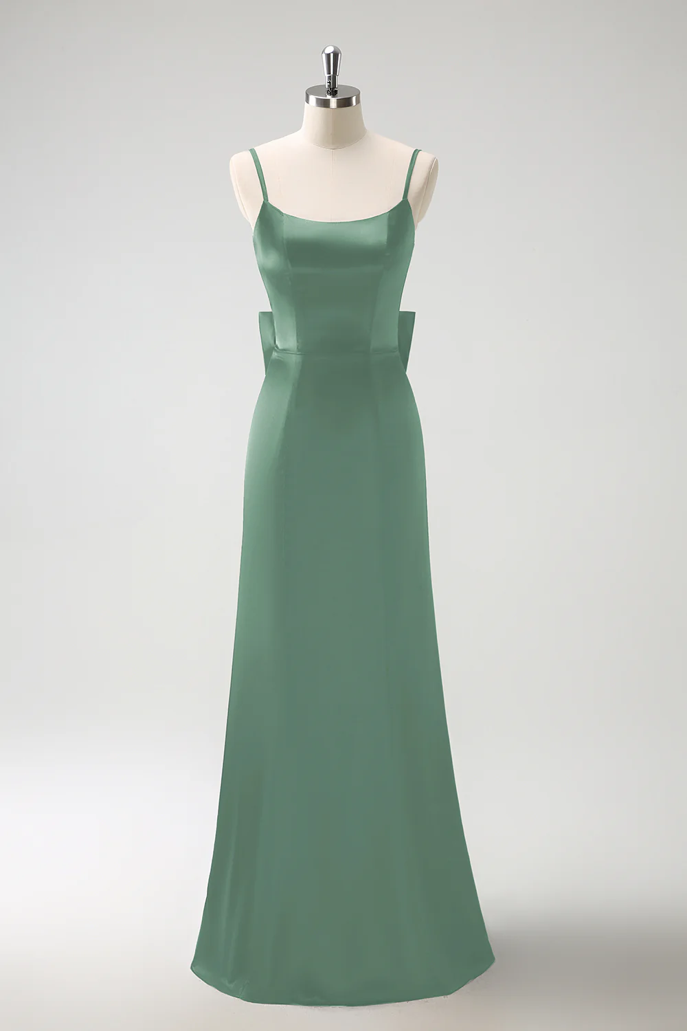 Black Mermaid Spaghetti Straps Ruffed Bow Back Satin Long Bridesmaid Dress - Image 19