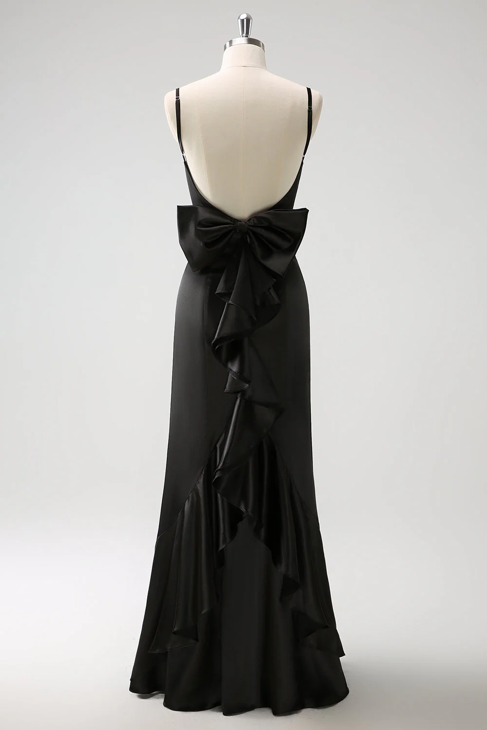 Black Mermaid Spaghetti Straps Ruffed Bow Back Satin Long Bridesmaid Dress - Image 2