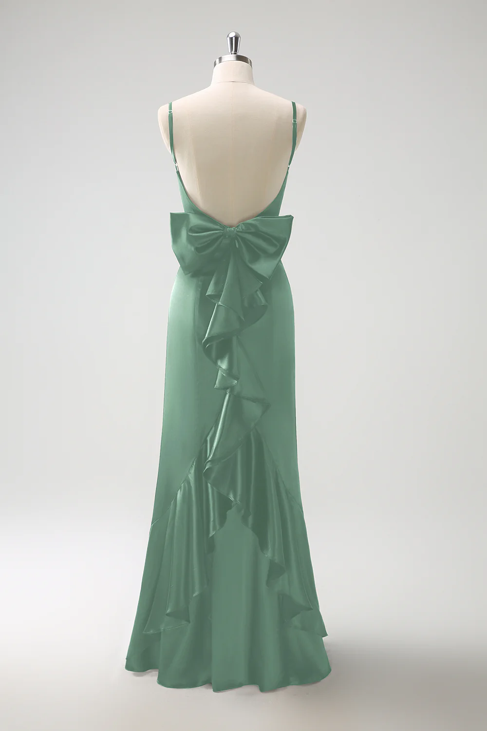 Black Mermaid Spaghetti Straps Ruffed Bow Back Satin Long Bridesmaid Dress - Image 20