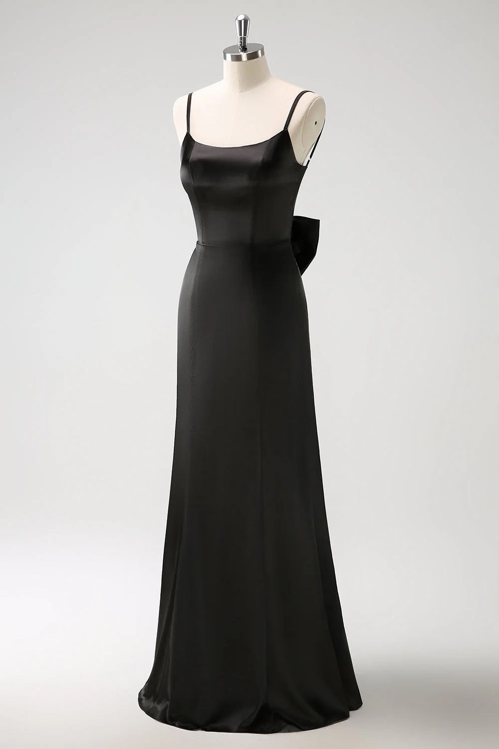 Black Mermaid Spaghetti Straps Ruffed Bow Back Satin Long Bridesmaid Dress - Image 3