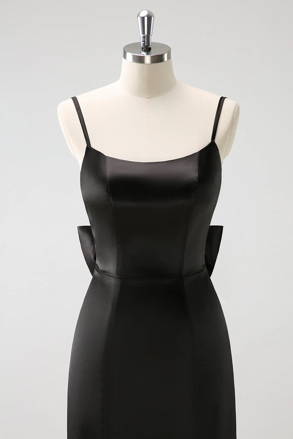 Black Mermaid Spaghetti Straps Ruffed Bow Back Satin Long Bridesmaid Dress - Image 4
