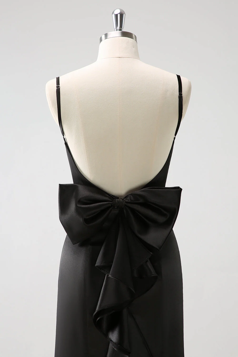 Black Mermaid Spaghetti Straps Ruffed Bow Back Satin Long Bridesmaid Dress - Image 5