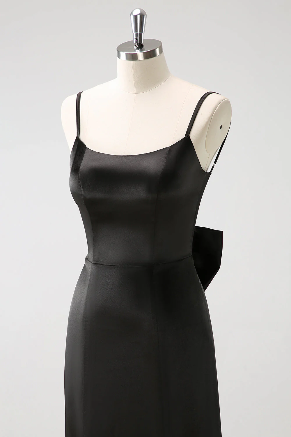 Black Mermaid Spaghetti Straps Ruffed Bow Back Satin Long Bridesmaid Dress - Image 6
