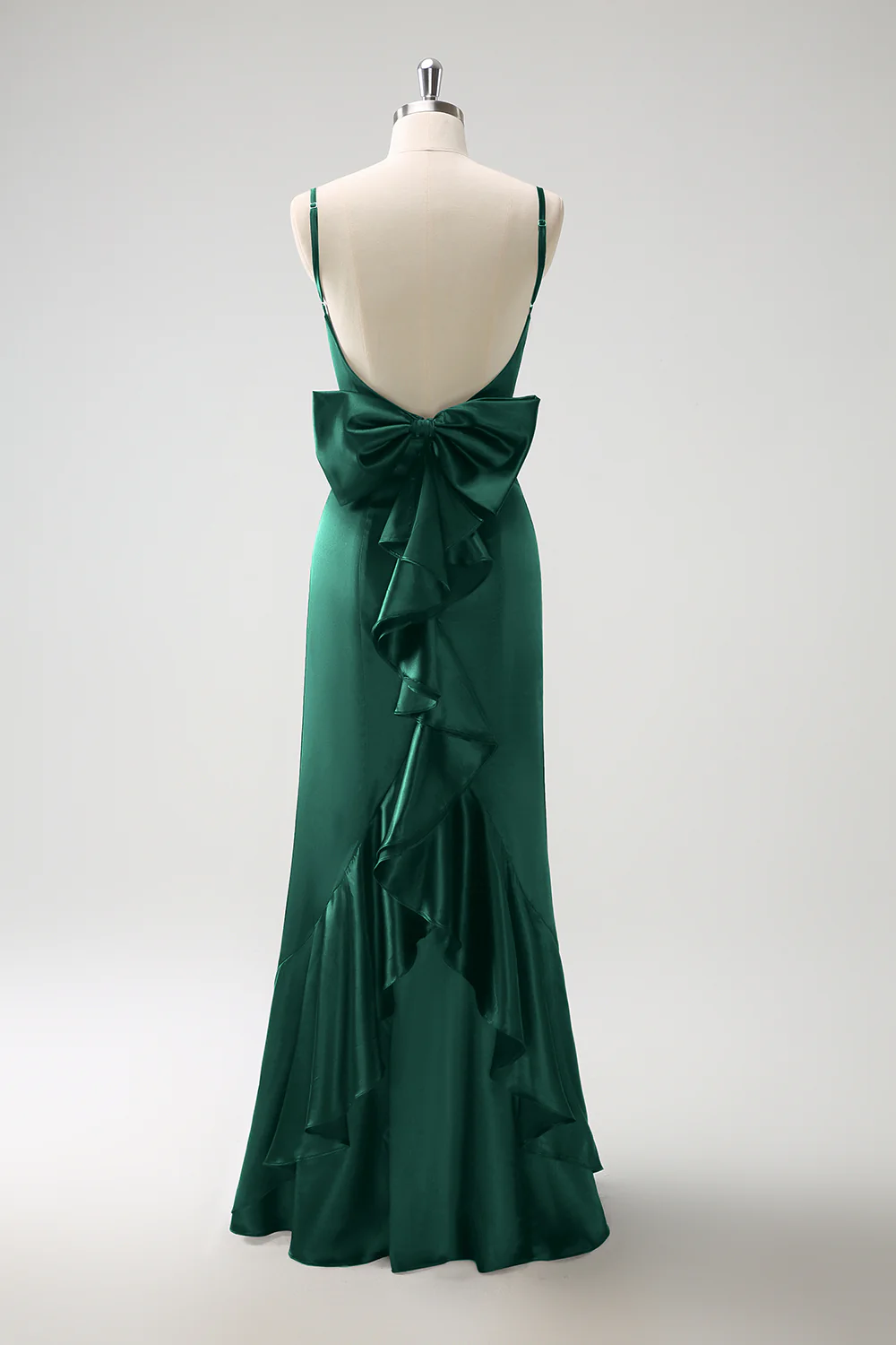 Black Mermaid Spaghetti Straps Ruffed Bow Back Satin Long Bridesmaid Dress - Image 8