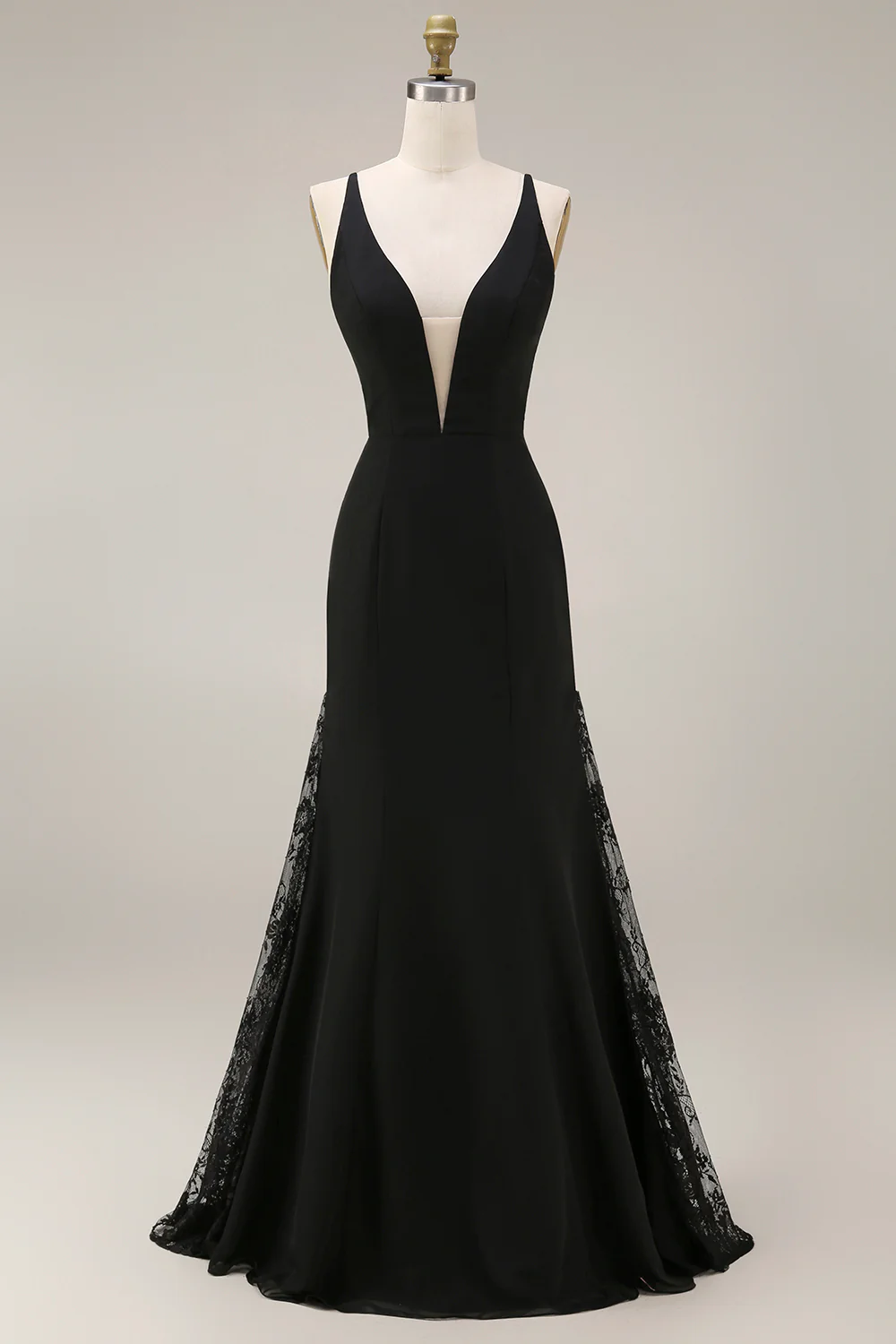 Black Mermaid V-Neck Satin Long Evening Dress with Lace