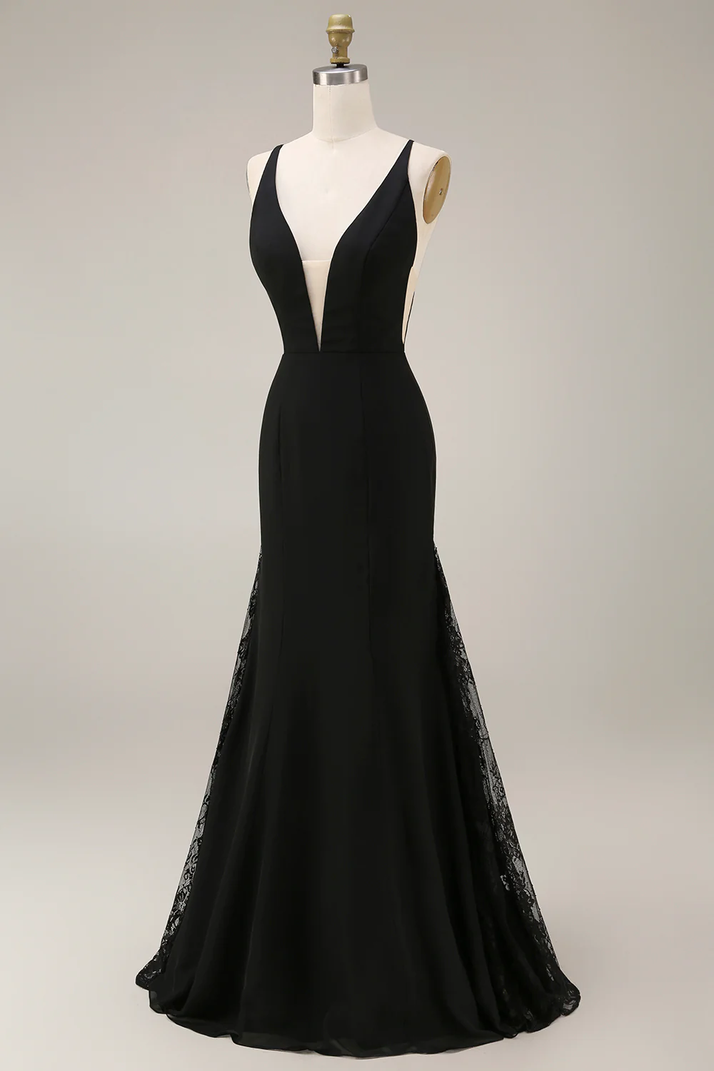 Black Mermaid V-Neck Satin Long Evening Dress with Lace - Image 5