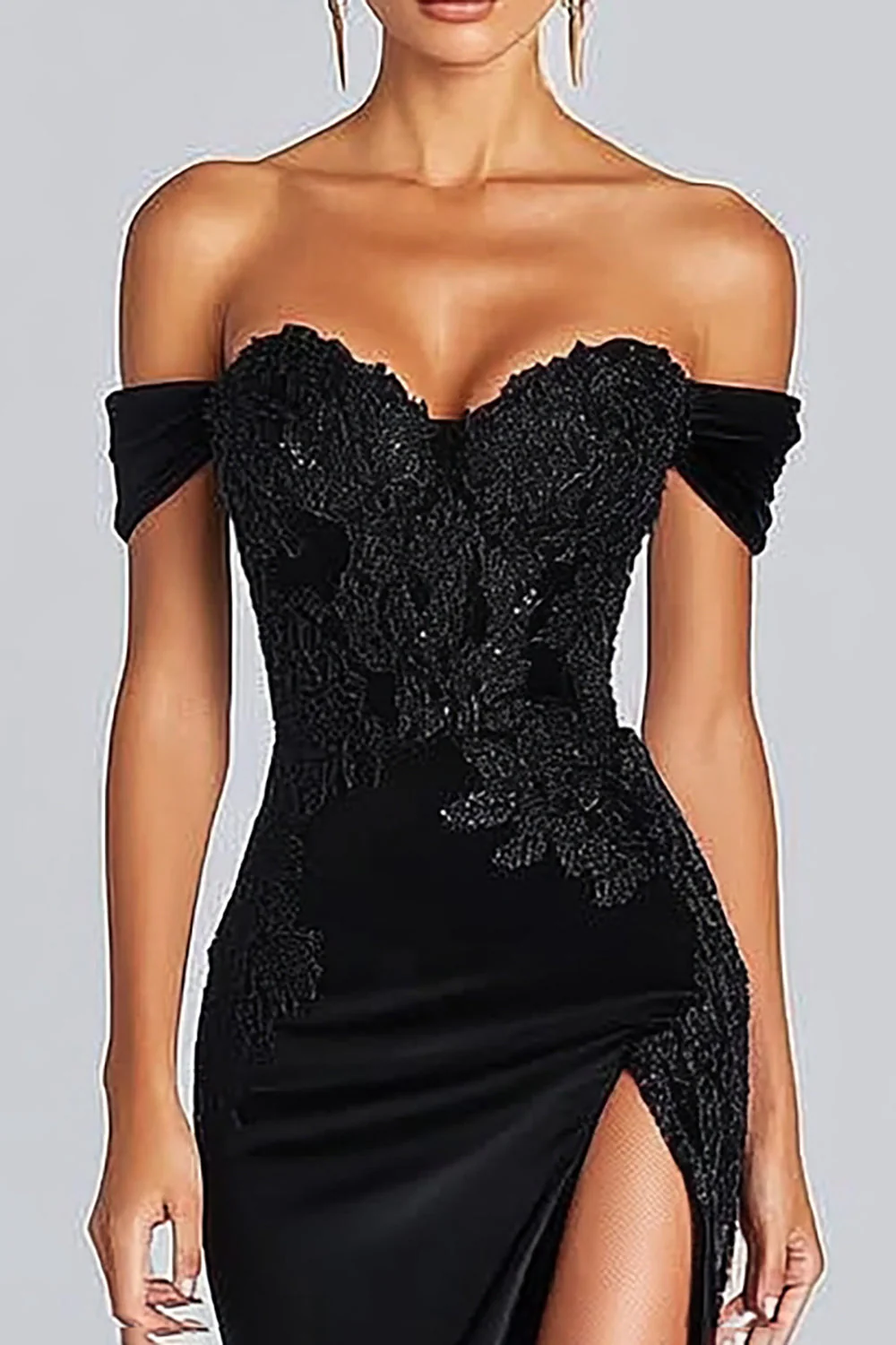 Black Off The Shoulder Satin Mermaid Gala Dress with Slit - Image 2