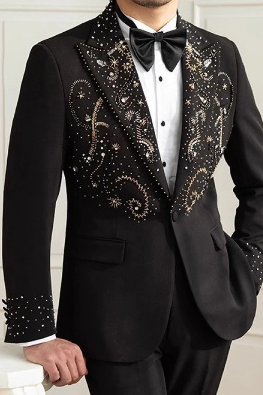 Black One Button Peaked Lapel Beaded Men's Blazer - Image 2