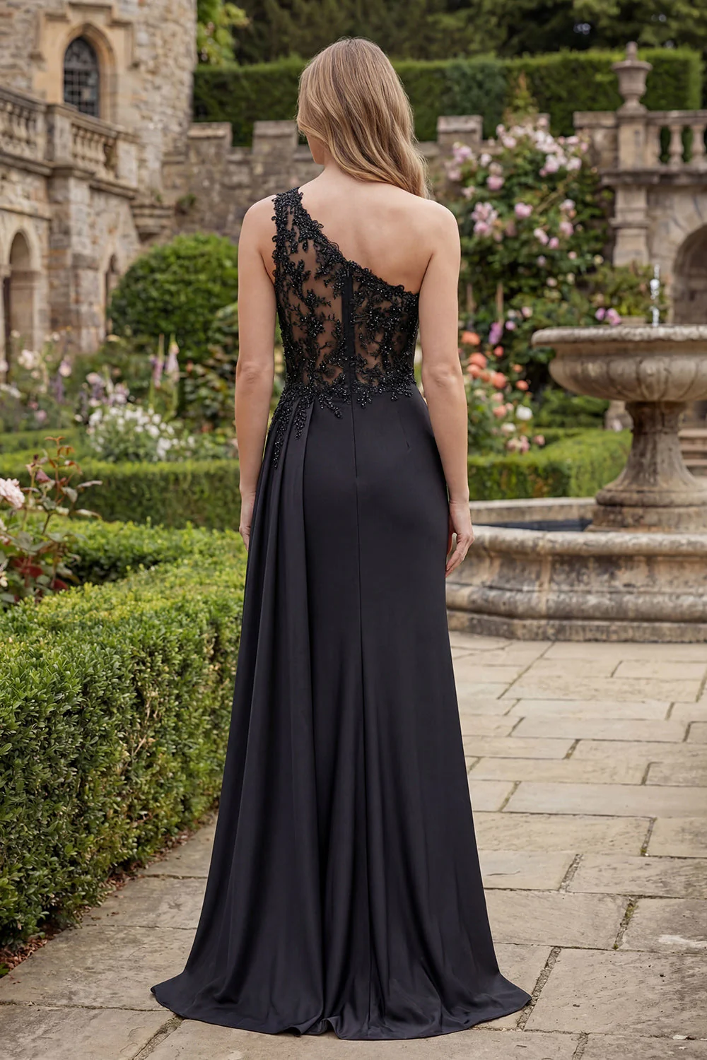 Black One Shoulder Mermaid Ruched Beaded Long Prom Dress with Slit - Image 2