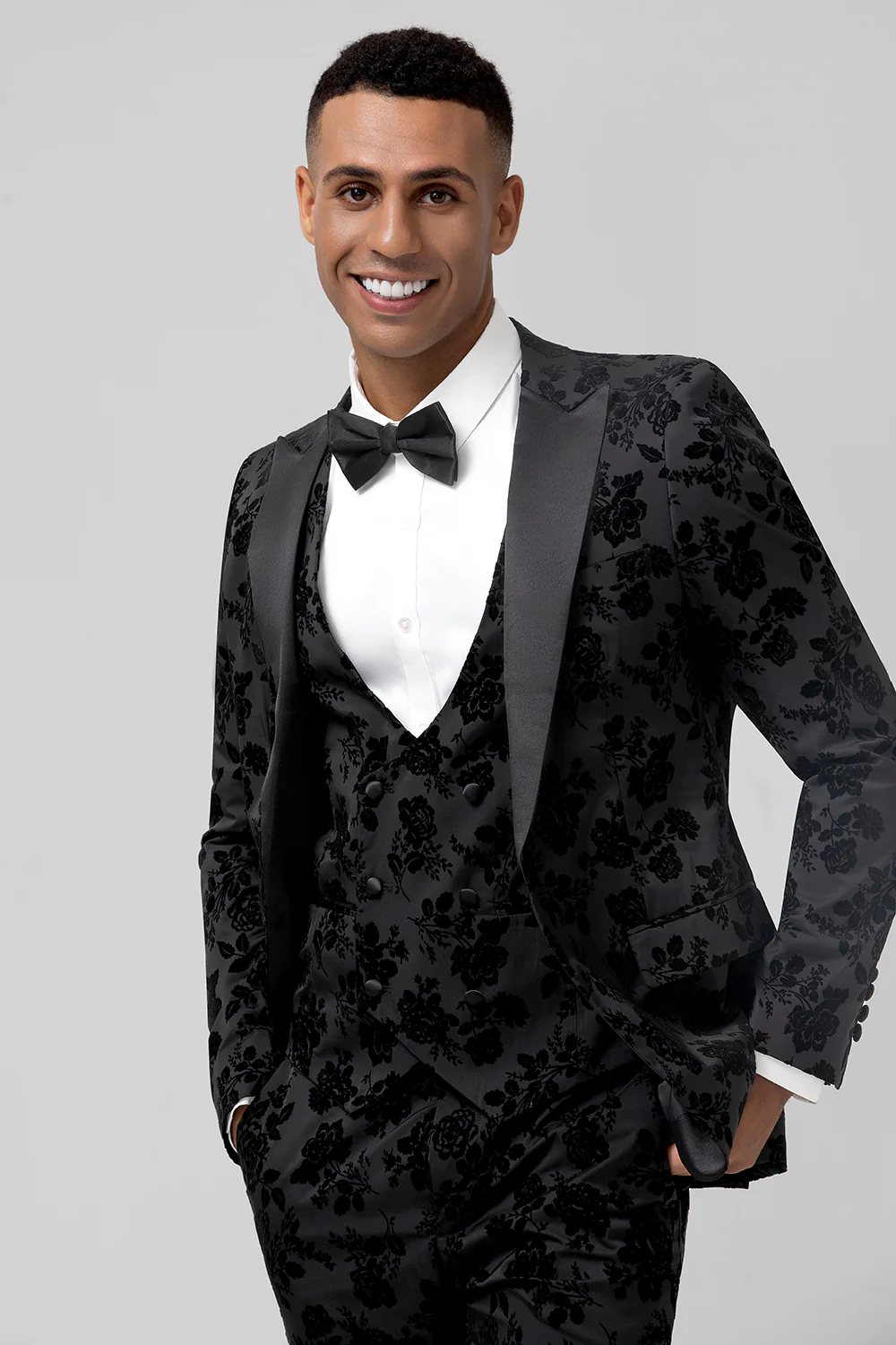 Black Peak Lapel 3 Pieces Floral Men's Suits - Image 9