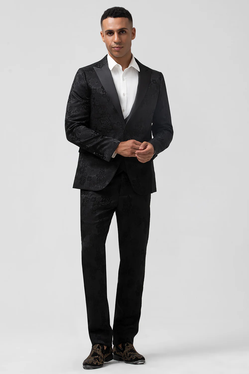 Black Peak Lapel Jacquard 3 Pieces Men's Suits