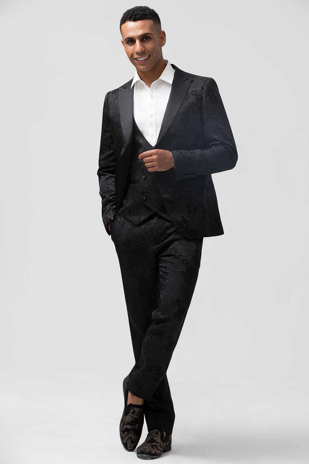 Black Peak Lapel Jacquard 3 Pieces Men's Suits - Image 3