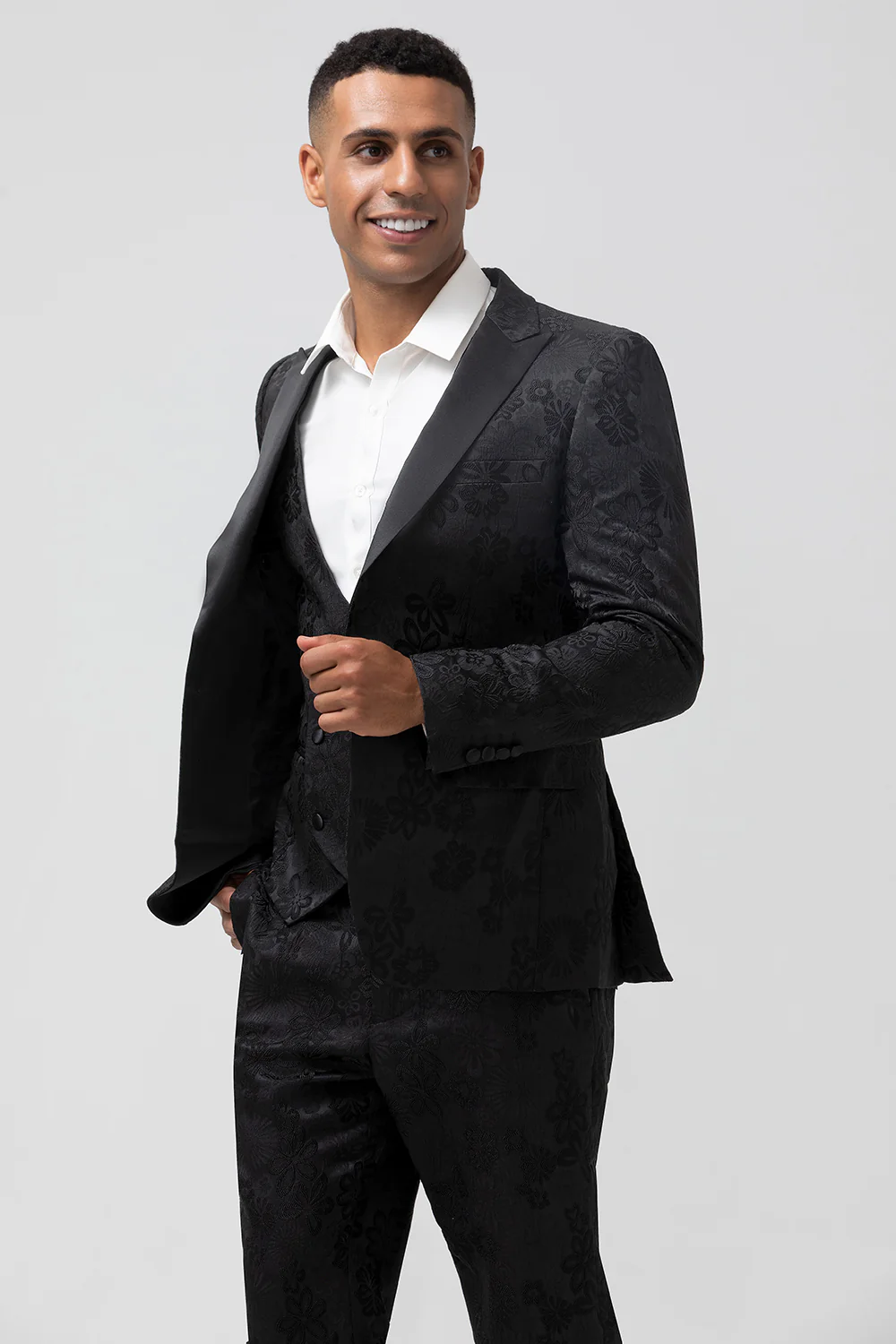Black Peak Lapel Jacquard 3 Pieces Men's Suits - Image 4