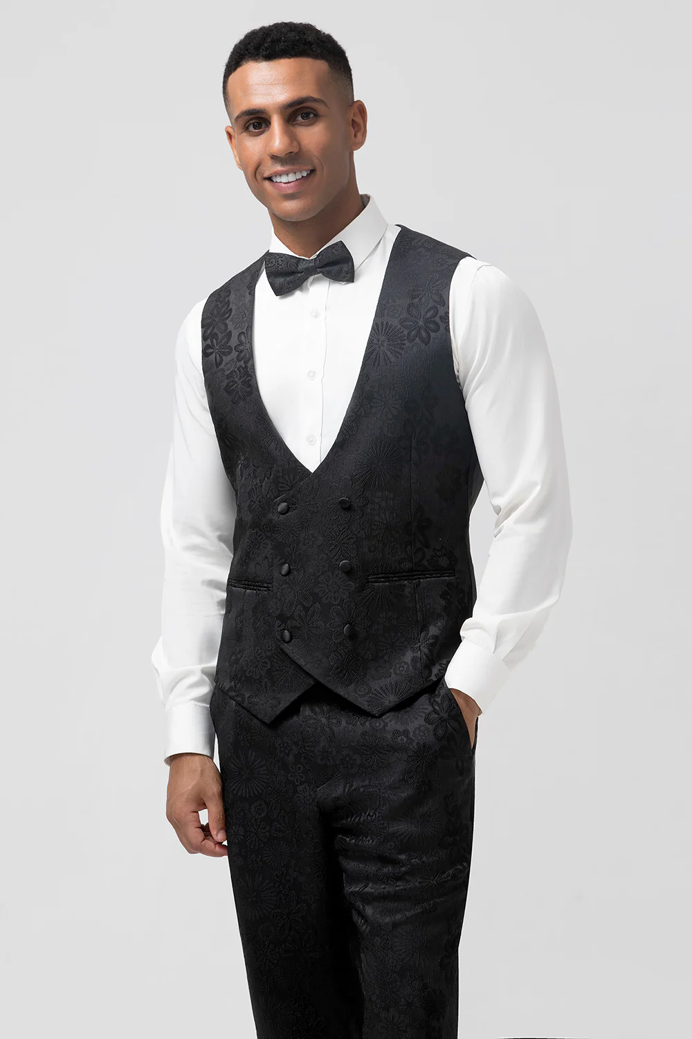 Black Peak Lapel Jacquard 3 Pieces Men's Suits - Image 7
