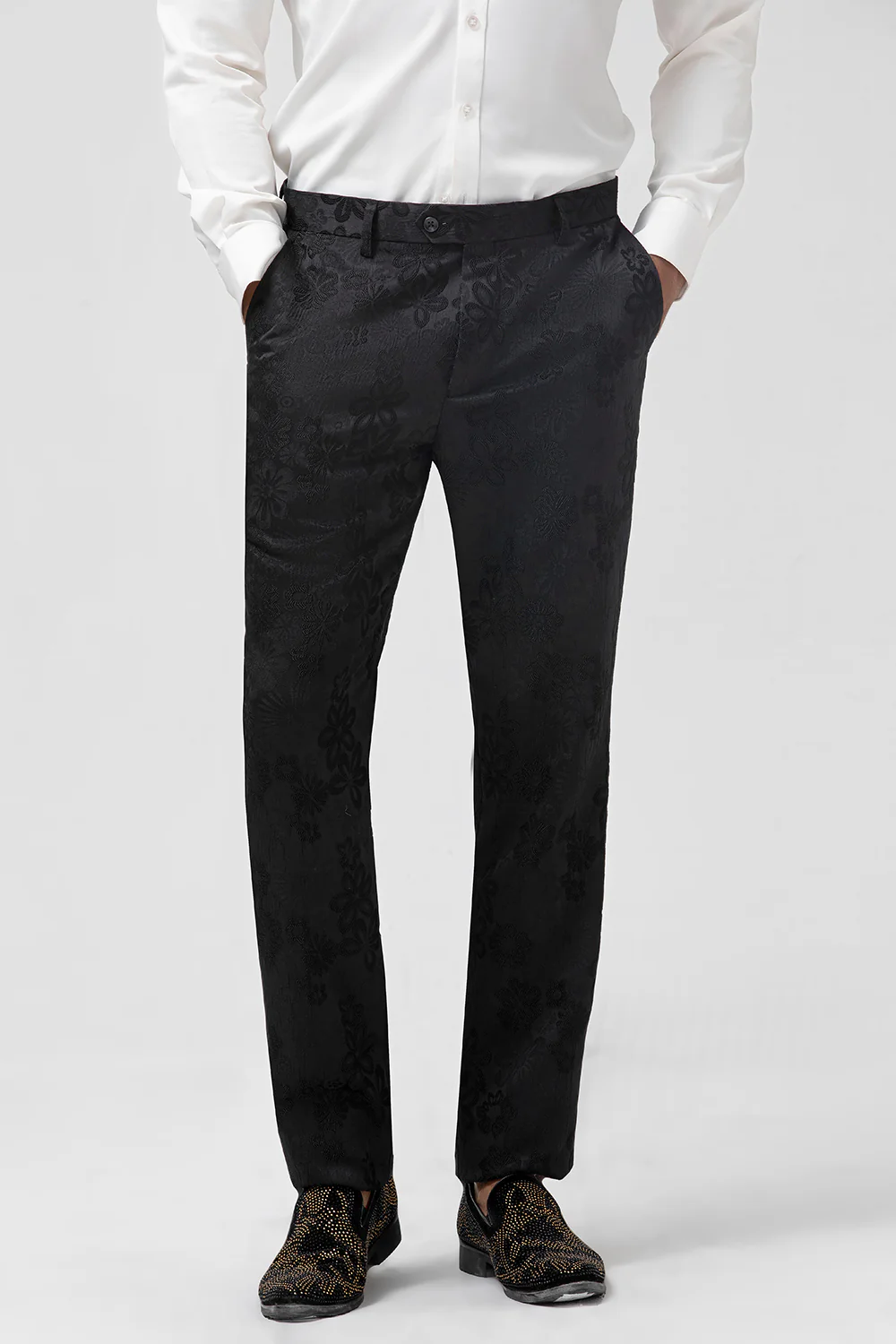 Black Peak Lapel Jacquard 3 Pieces Men's Suits - Image 8