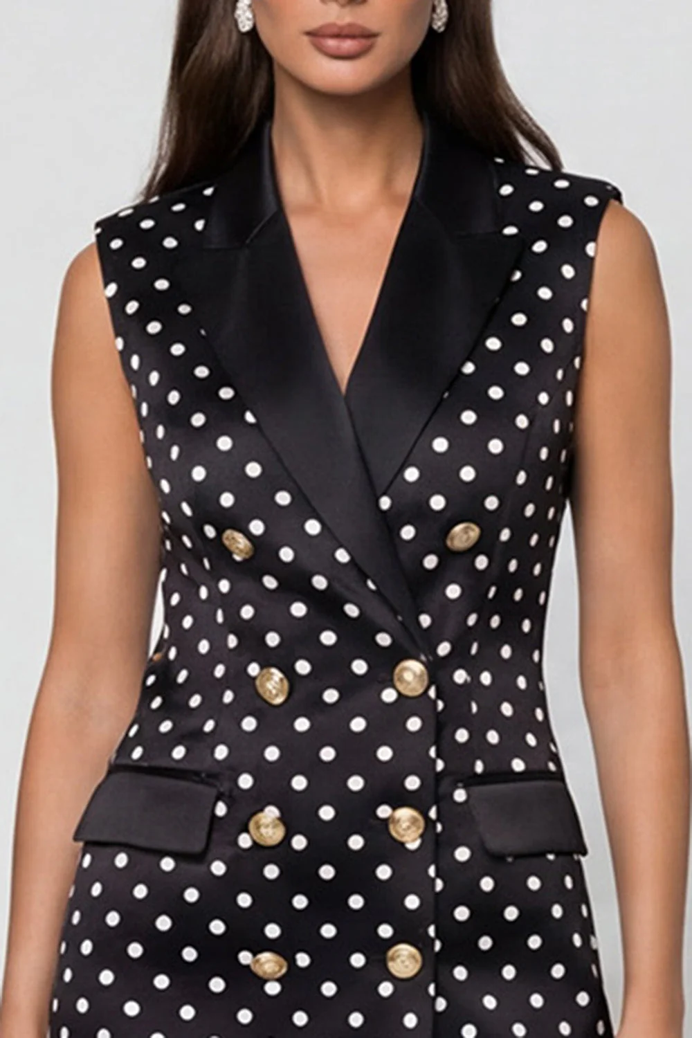Black Polka Dots Peaked Lapel Double Breasted Short Work Dress - Image 3